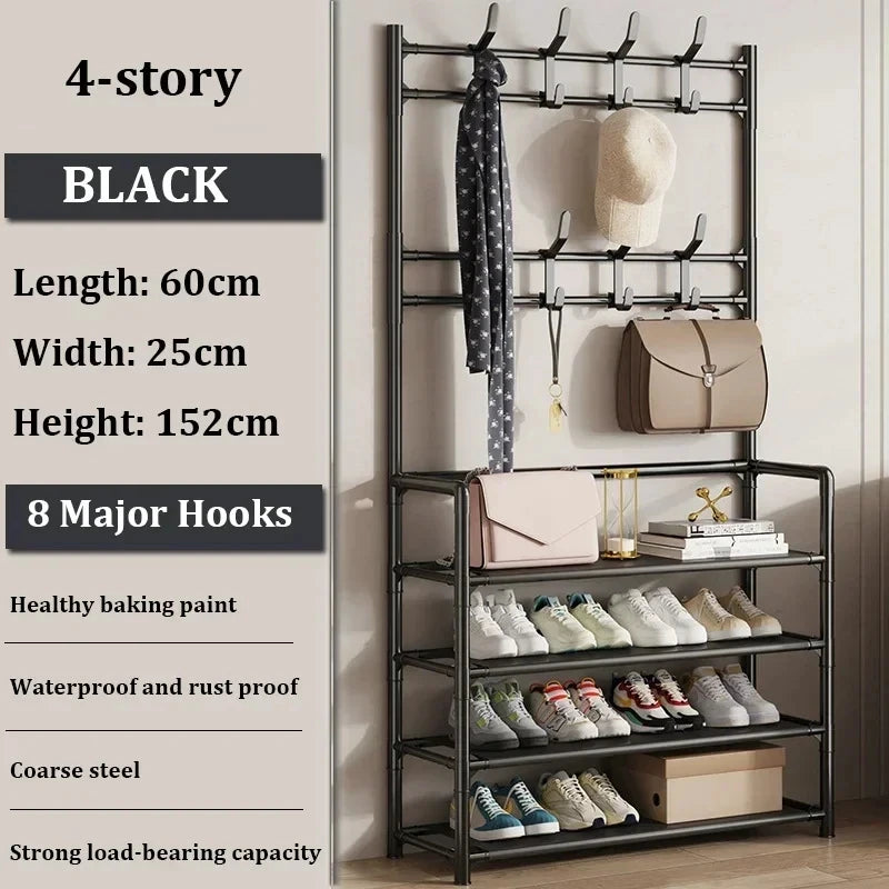 The shoe rack in a compact apartment setting, highlighting its ability to maximize space.