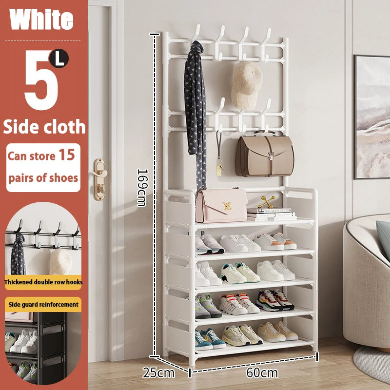 Multi-tier shoe rack used for storing both shoes and coats, demonstrating its versatility in organizing various items.