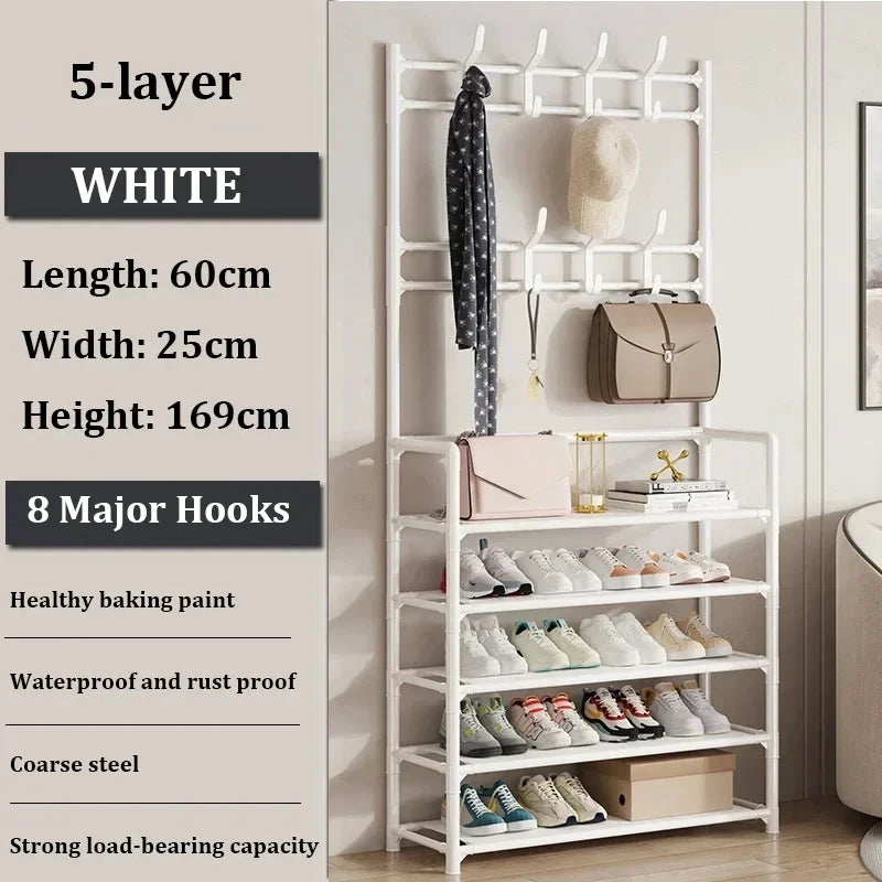 The minimalist design of the multi-tier shoe rack with shoes arranged, showcasing the simplicity and effectiveness of the storage solution.