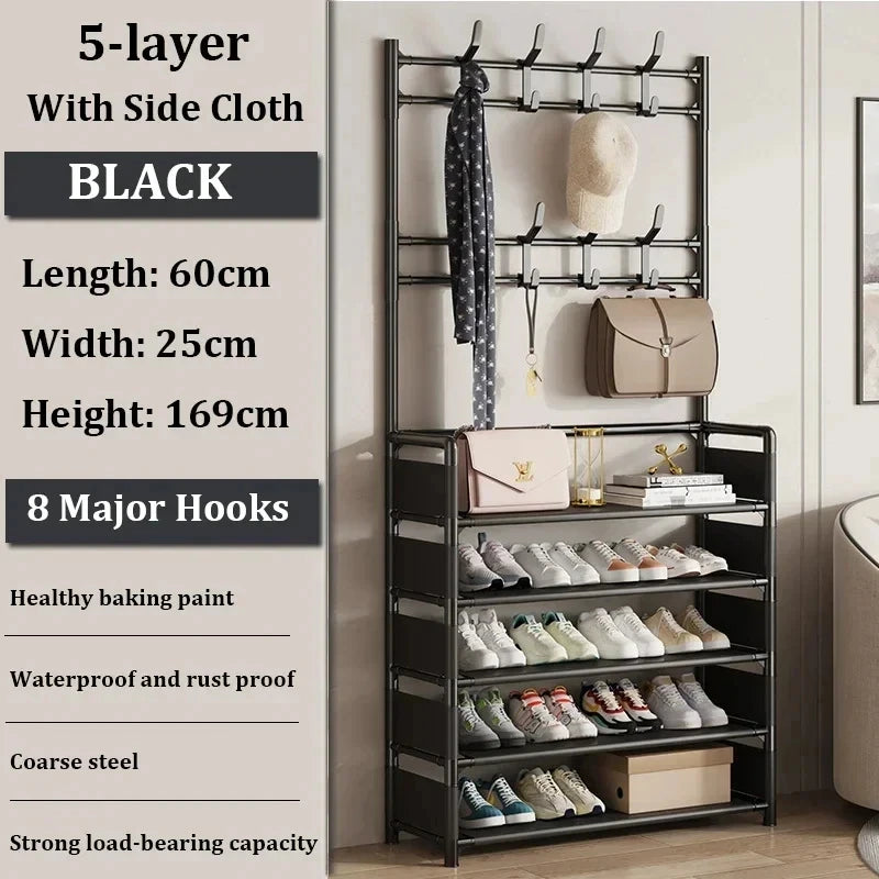 The shoe rack fitting into a small space, showing its suitability for apartments and homes with limited room.