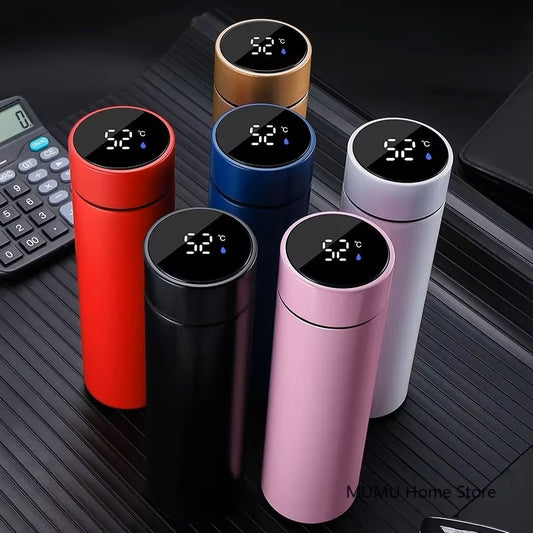 Front view of insulated vacuum flask with smart LED temperature display, double-wall stainless steel design, and stylish modern finish