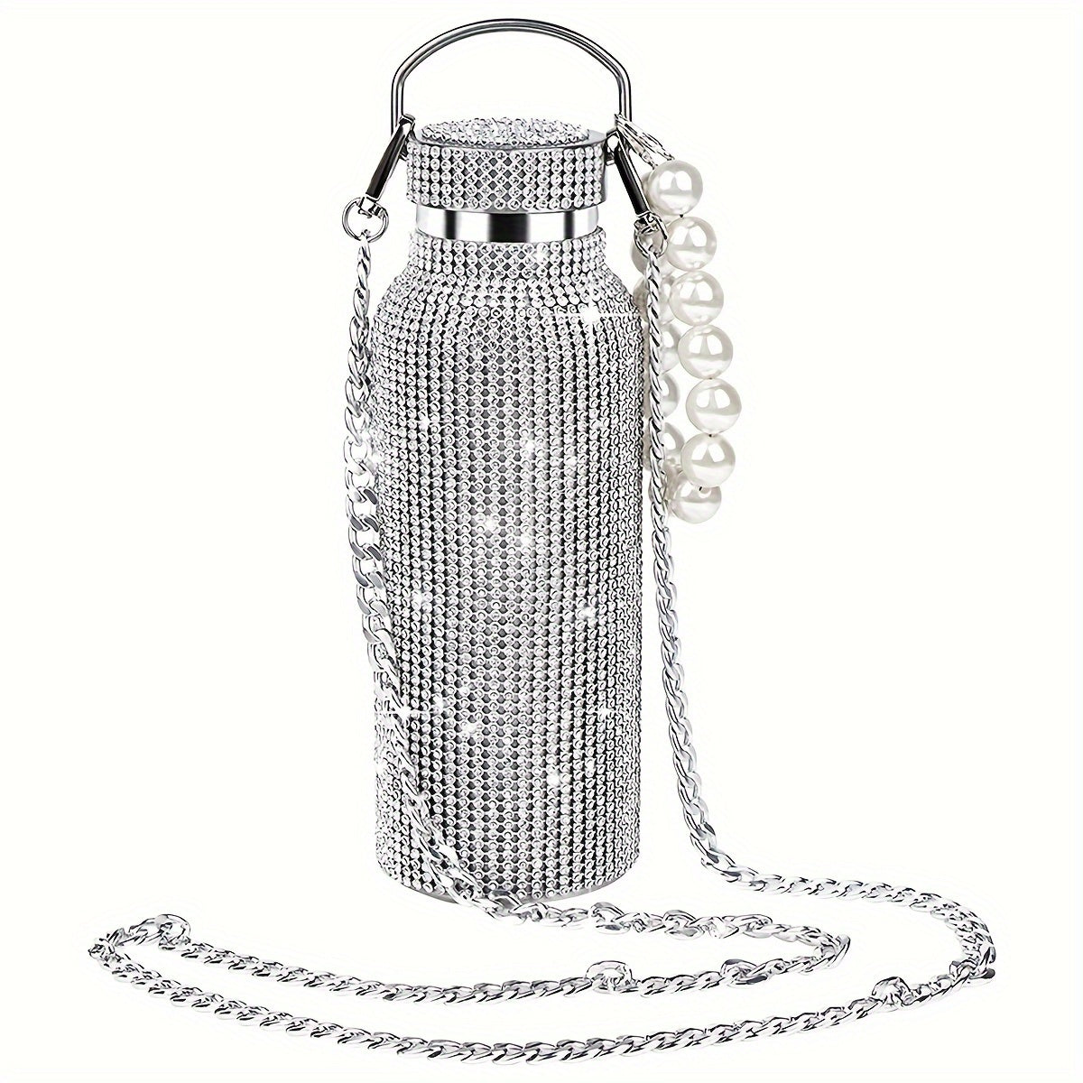 Front view of sparkling diamond stainless steel insulated bottle with rhinestone design and leak-proof lid.