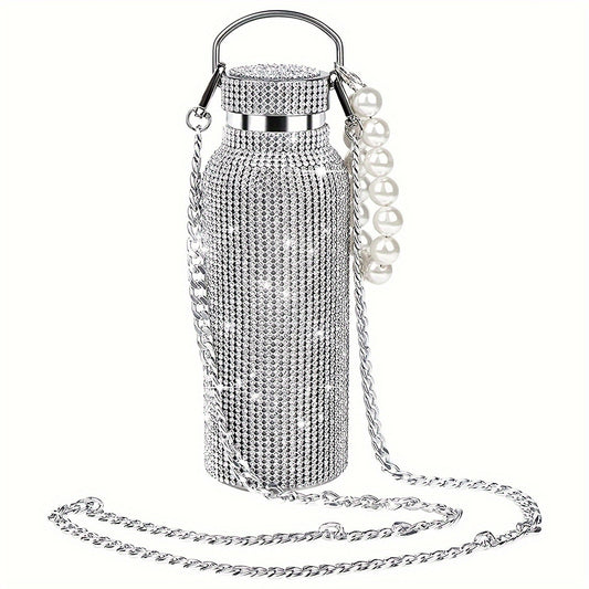 Front view of sparkling diamond stainless steel insulated bottle with rhinestone design and leak-proof lid.
