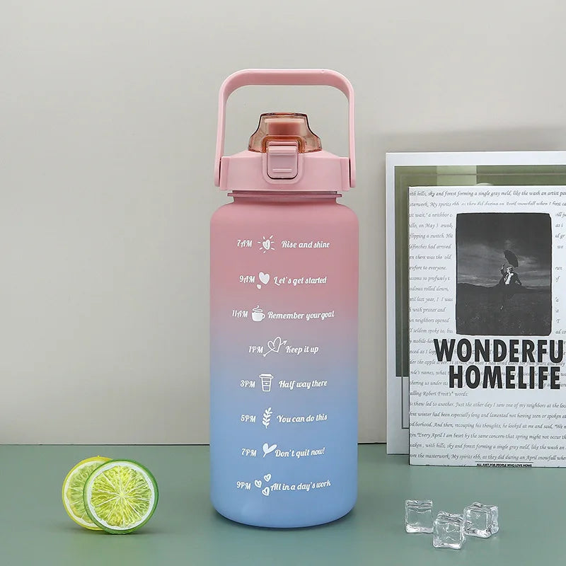 2L large-capacity sports water bottle with a time marker to track water intake, perfect for fitness, hiking, and daily hydration goals.