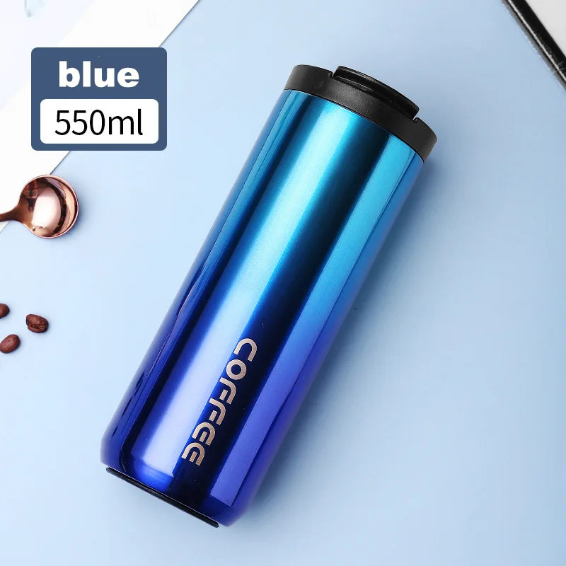 Double-wall insulated stainless steel thermal mug with secure lid, ideal for coffee, tea, and water