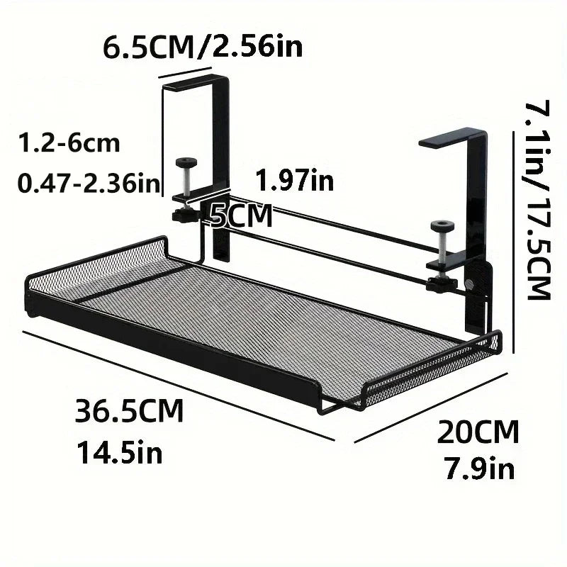 Sturdy black steel cable management tray designed for easy installation without drilling, keeping wires neatly organized.