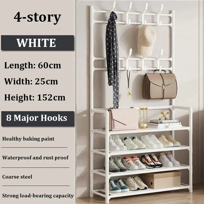 Shoes and coats arranged on the multi-tier shoe rack, showing its capacity for diverse storage.