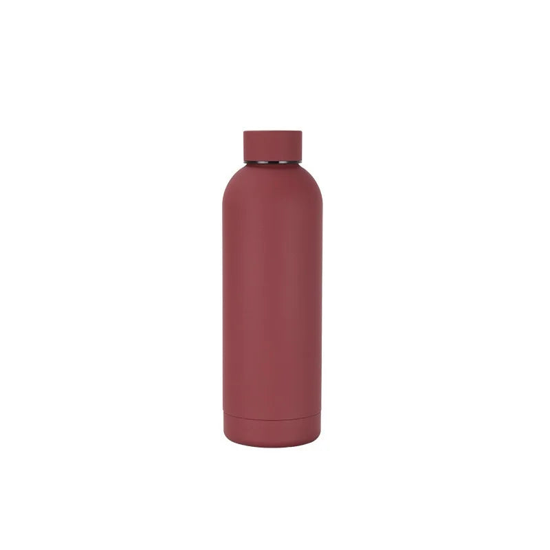 Elegant frosted stainless steel thermos bottle with a small mouth opening for easy sipping.