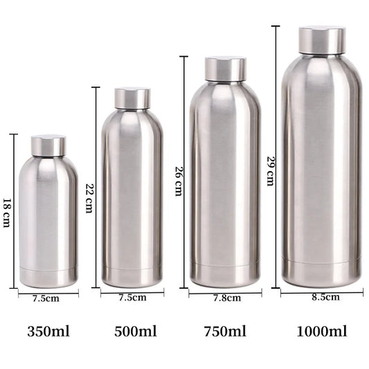 Side view of the stainless steel 500ml thermos bottle with a sleek, portable design for travel, gym, hiking, and office use.