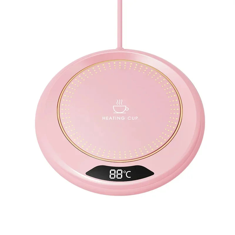 Close-up of USB-powered cup warmer showing control buttons for 55°C, 65°C, and 75°C, highlighting its compact and sleek design.