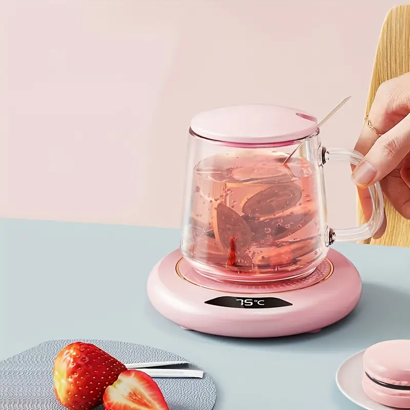 Front view of USB cup warmer with three temperature settings (55°C, 65°C, 75°C), compact and stylish for home or office use.