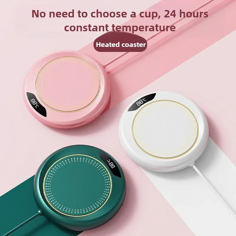 USB cup warmer keeping a coffee mug warm, demonstrating its adjustable temperature settings for hot drinks like tea, coffee, or milk.