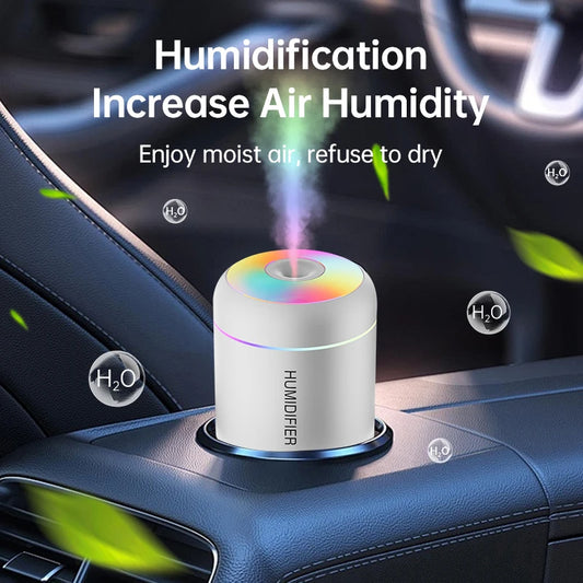 Close-up of the mini USB air humidifier showing mist output and compact design for personal use.