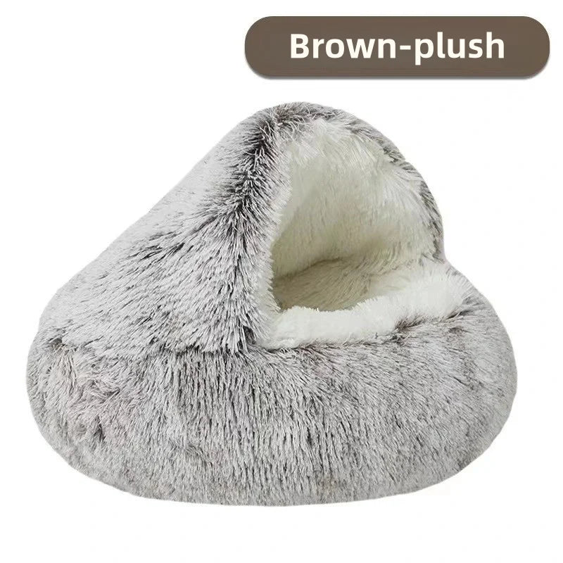 Warm plush cat bed designed for autumn and winter, providing a snug sleeping area for pets.