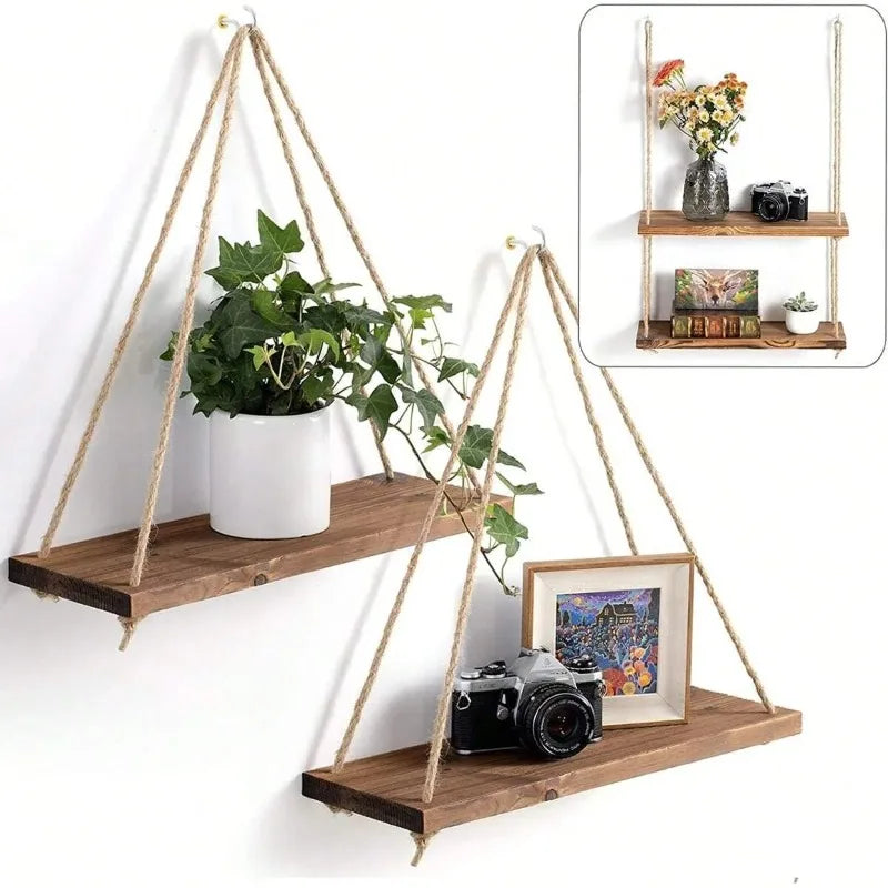Front view of a wooden hanging swing shelf with hemp rope, perfect for wall-mounted storage and stylish home décor