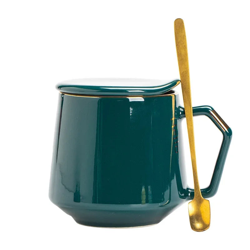 Full set showing ceramic mug with matching lid and stainless steel spoon