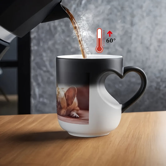 Color-changing ceramic mug with French Bulldog artwork, shown in heat-activated transformation