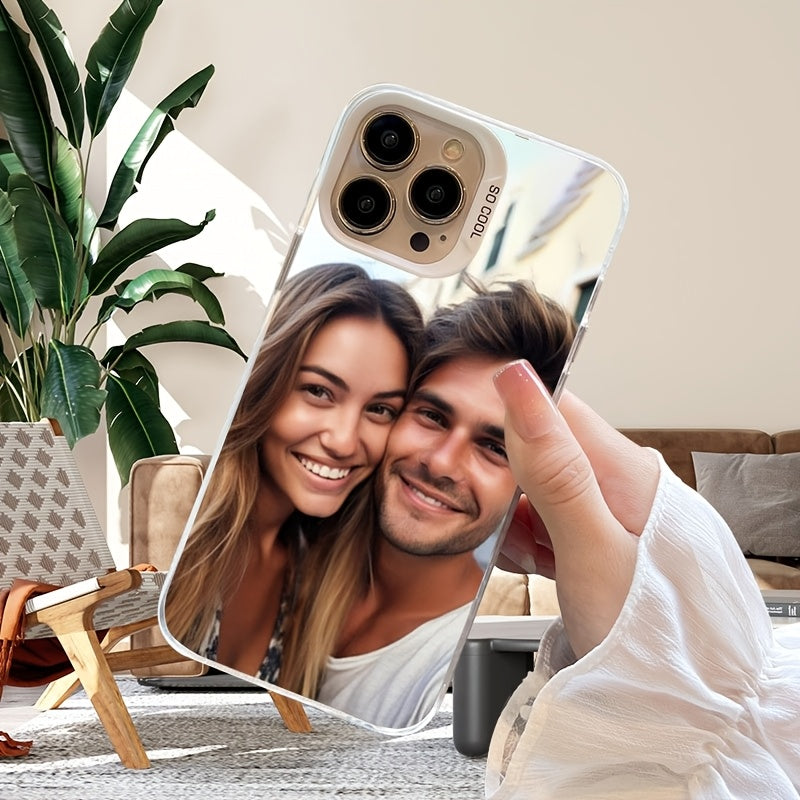 Close-up of custom couple photo print on the phone case