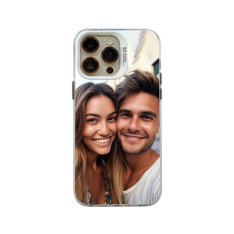 Personalized phone case with couple photo displayed on a desk as a decorative piece