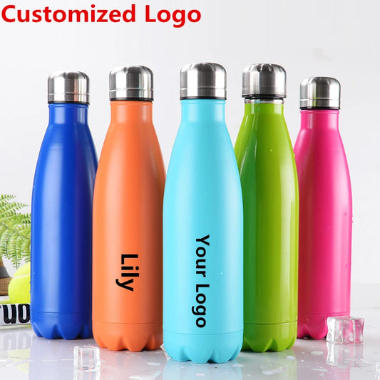 Personalized 500ML stainless steel vacuum bottle front view with custom logo or name.
