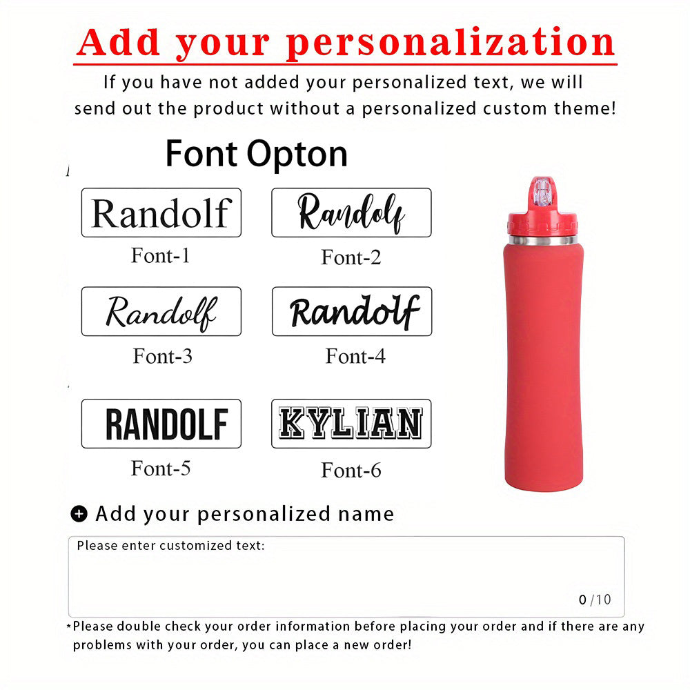Close-up of custom engraved name/design on stainless steel bottle