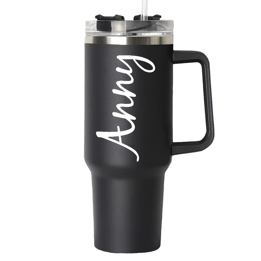 Personalized stainless steel travel mug in festive gift packaging for holidays
