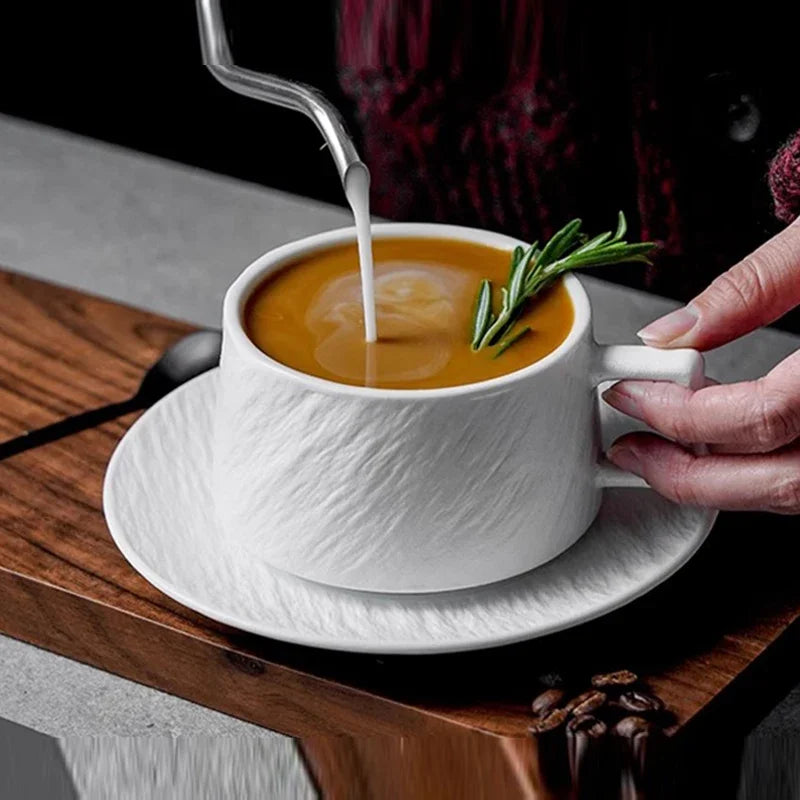 Close-up of Japanese ceramic tea cup showing exquisite sand-textured finish