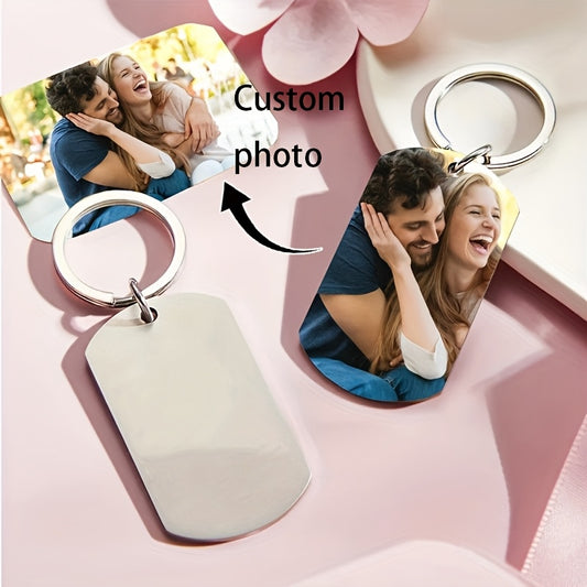 Custom photo keychain shown in hand, ideal anniversary or couple’s gift
