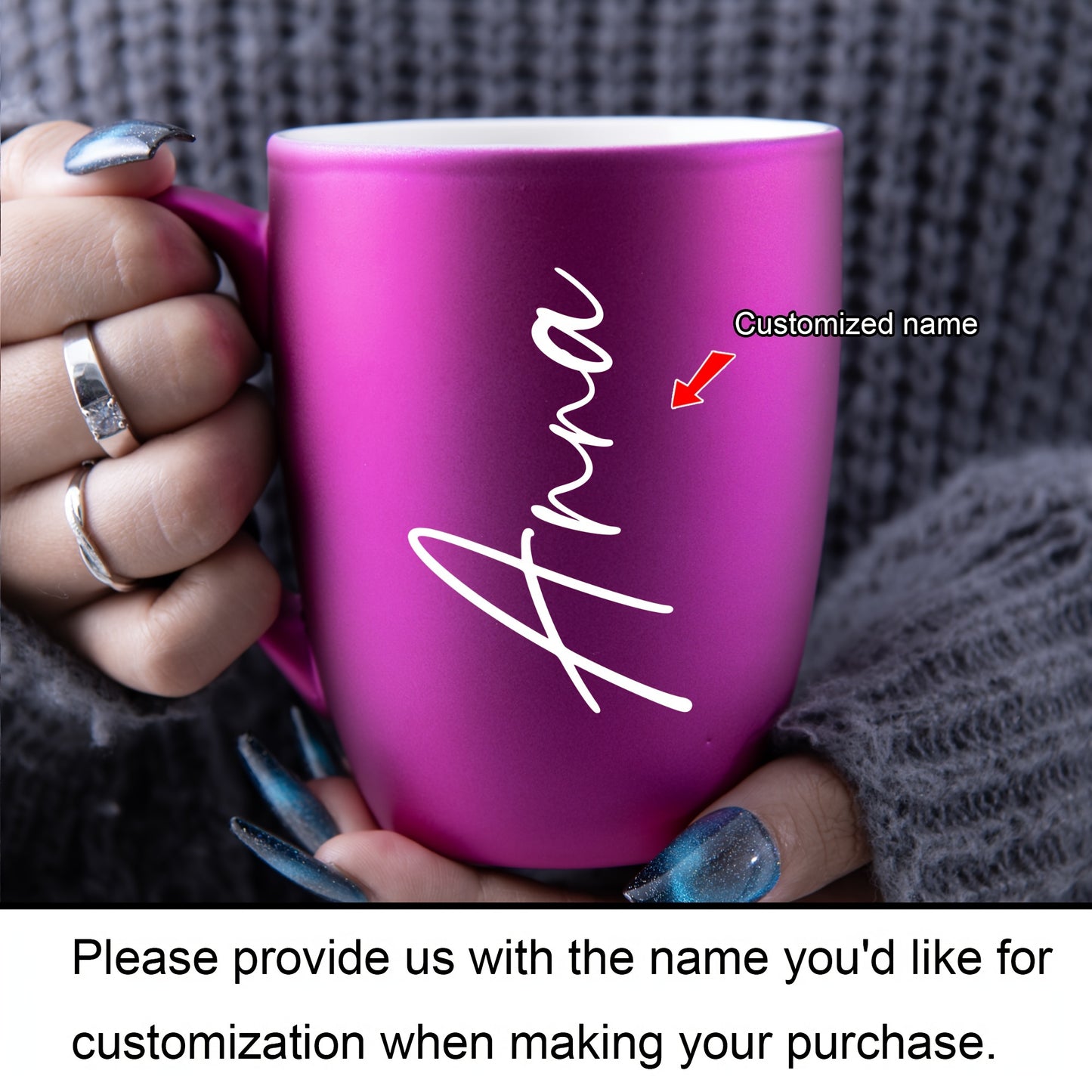 Close-up of the handle and custom "Anna" design on ceramic coffee mug