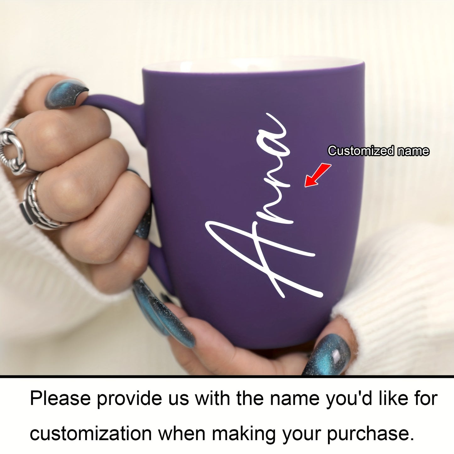 Personalized "Anna" mug being used for hot coffee or tea