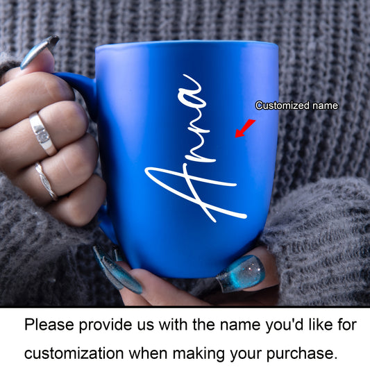 Side profile of 11oz ceramic coffee mug with custom "Anna" name design