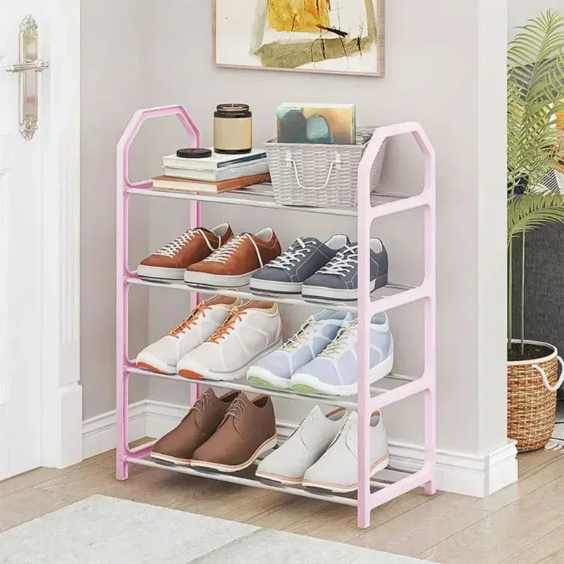 Shoe rack organizer in a dorm room used to store footwear, bags, and clothing accessories