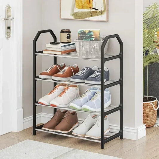 Side angle of space-saving shoe rack standing in a modern home hallway