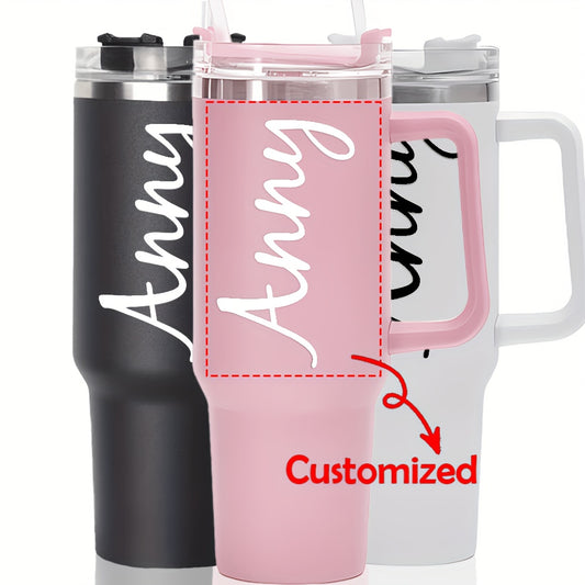 Front view of 40oz stainless steel travel mug with custom engraved name and lid