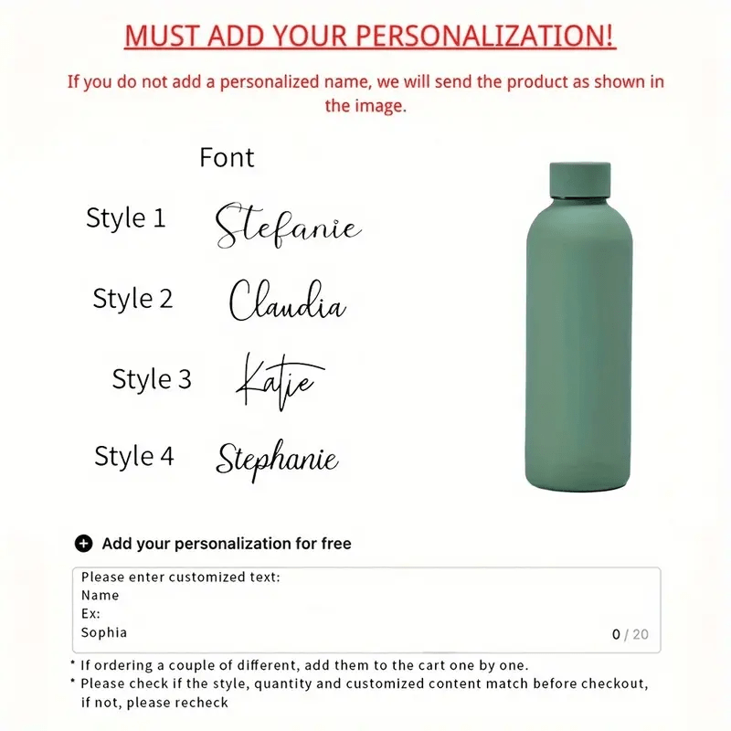 Side angle of the custom insulated water bottle with engraved name