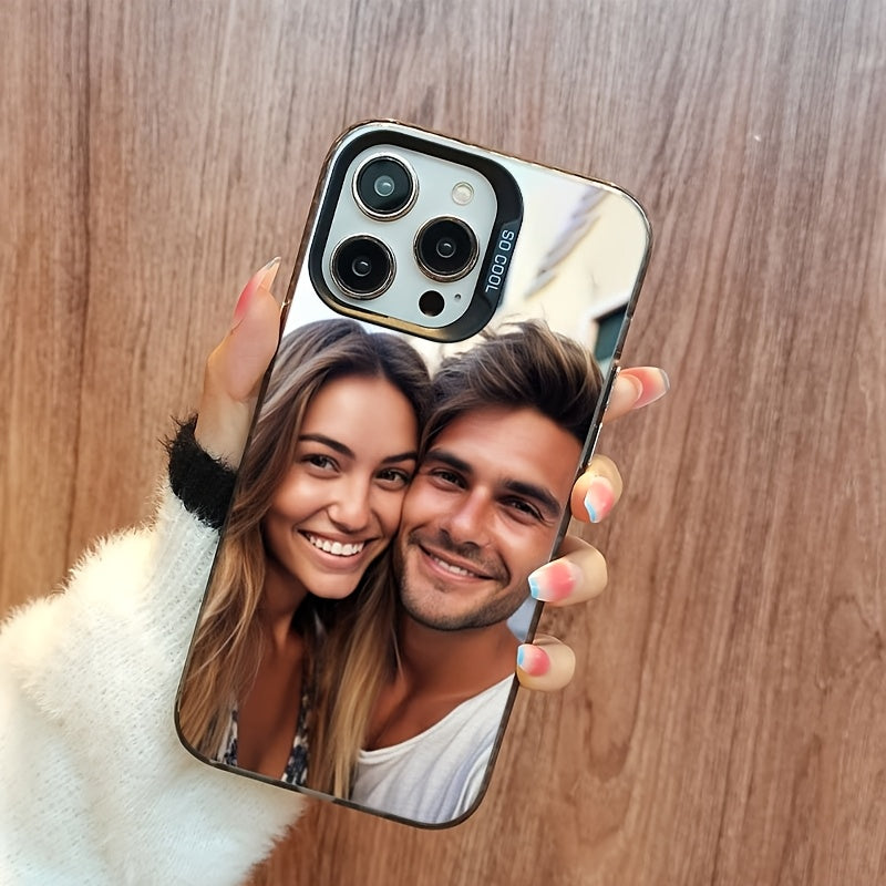 Front view of personalized couple photo phone case for iPhone with custom design