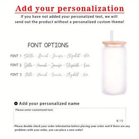 Close-up of personalized glass tumbler with lid and straw, ideal for iced coffee