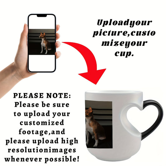 Close-up of personalized photo coffee mug with architectural blueprint design and white & black handle