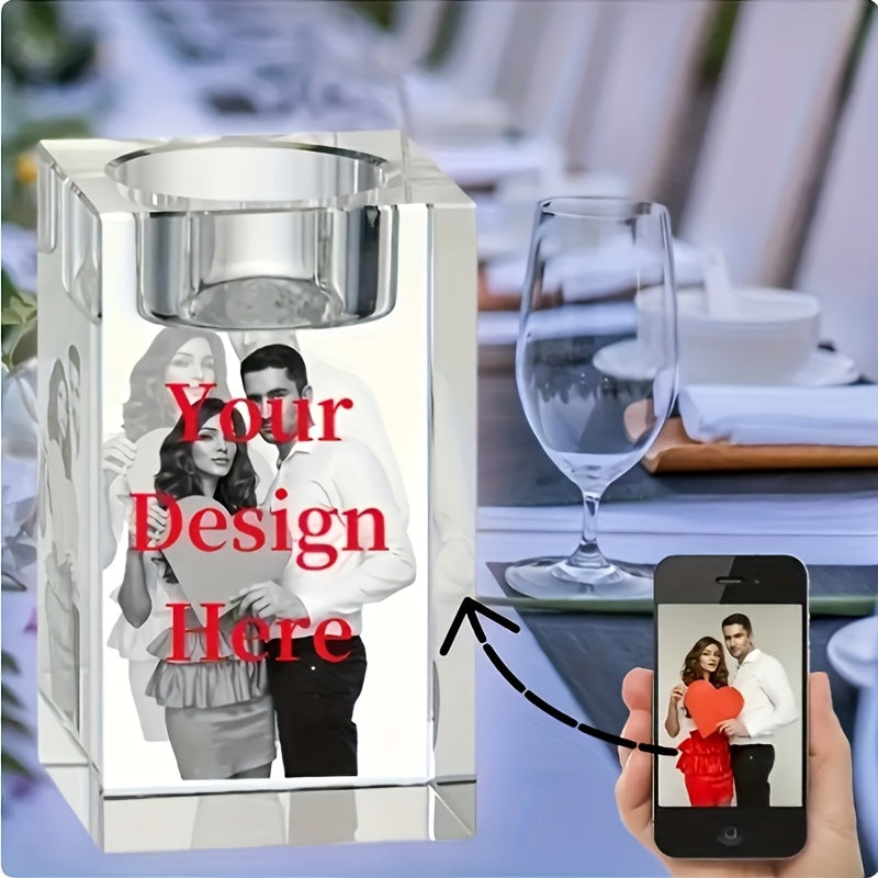 Close-up of custom photo engraving on glass candle holder