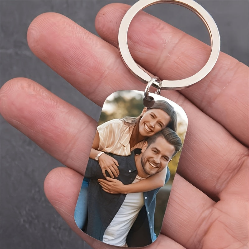 Front view of personalized stainless steel keychain with custom engraved photo