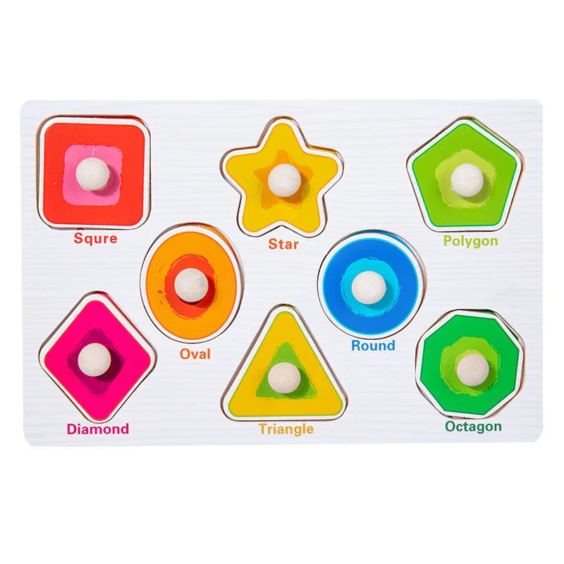 Wooden puzzle board with letters, numbers, and shapes for toddlers
