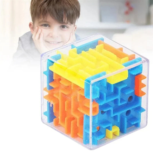 Side angle of the six-sided 3D puzzle cube displaying the intricate maze paths inside.