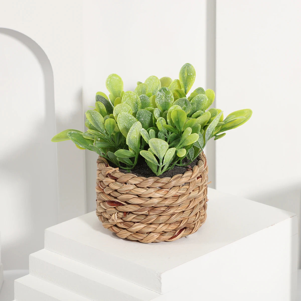 Artificial eucalyptus potted plant with woven design base for elegant home styling.
