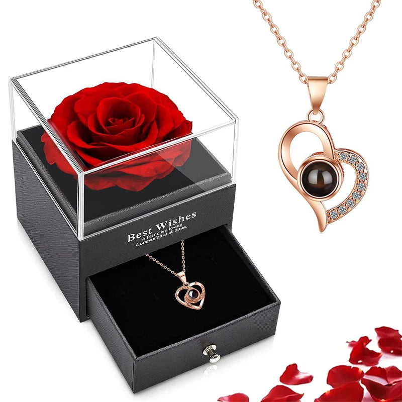 Express your love with this heart-shaped pendant necklace, projecting "I Love You" in 100 languages. Comes with a beautiful rose gift box, making it the perfect 2024 gift for your girlfriend. Ideal for romantic occasions, anniversaries, and special moments, this stunning jewelry set makes a memorable and meaningful gift.
