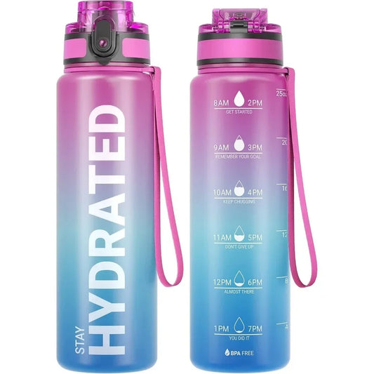 Front view of 32oz motivational sport water bottle with time marker and leakproof lid.