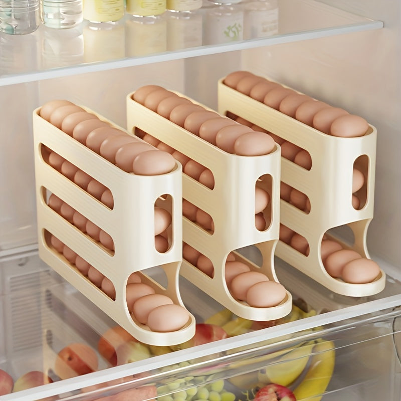Front view of 4-layer ladder-type egg storage box with clear lid and eggs inside