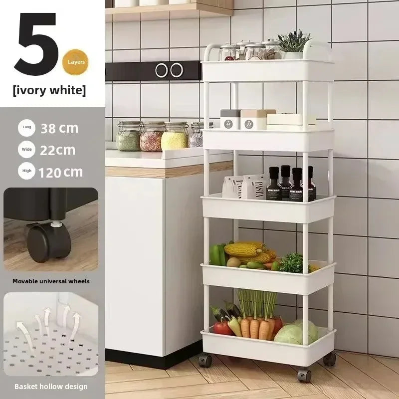 5-layer mobile storage rack in a kitchen, providing organized space for kitchen essentials. Perfect for both functional storage and home décor.
