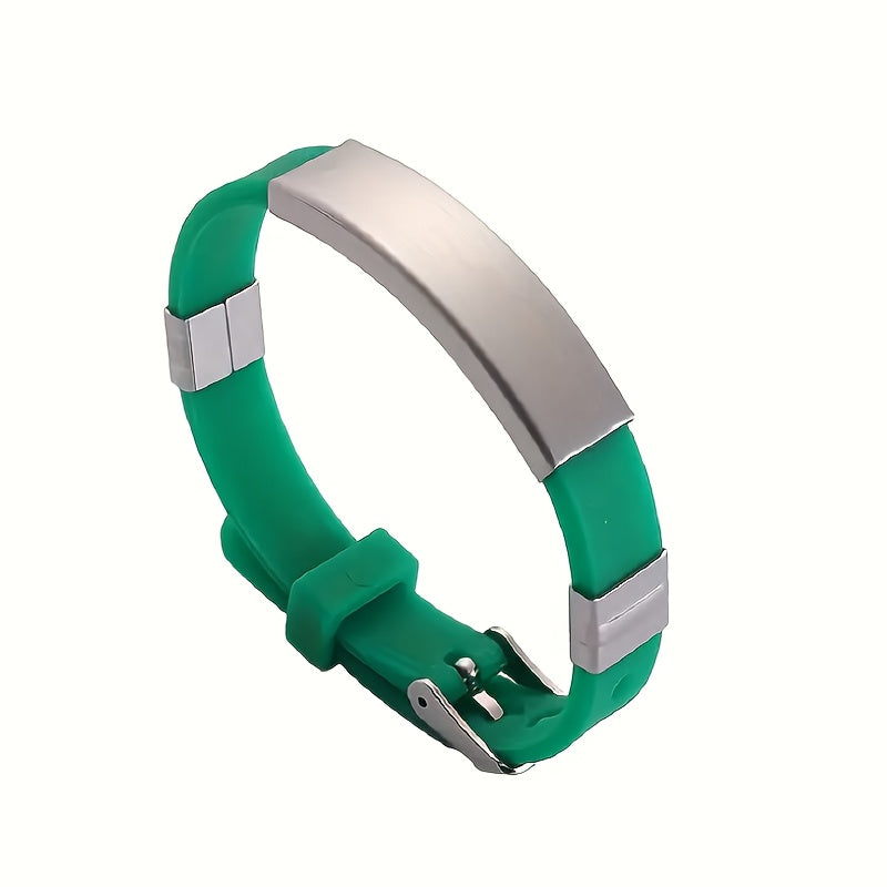 Adjustable silicone band bracelet with stainless steel details, engraved with a personalized message for a thoughtful gift.