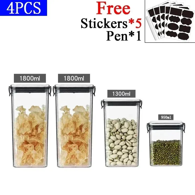 Airtight food storage containers for pantry organization and storing different dry ingredients.