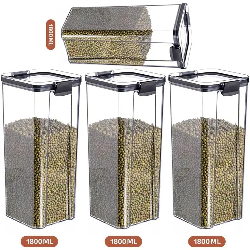 Airtight plastic kitchen storage boxes perfect for cereals, snacks, dried fruits, and nuts.